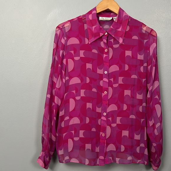 Vintage Pink Silk Long Sleeve Sheer Silk lined shirt size Large - Picture 4 of 14